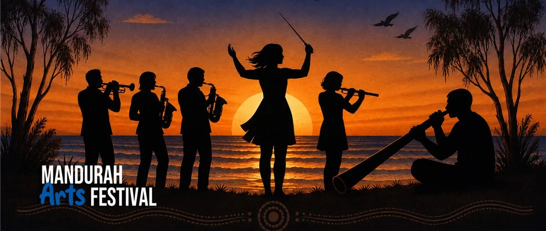 A graphic illustration of silhouetted figures playing various instruments, including a didgeridoo, against a coastal sunset scene